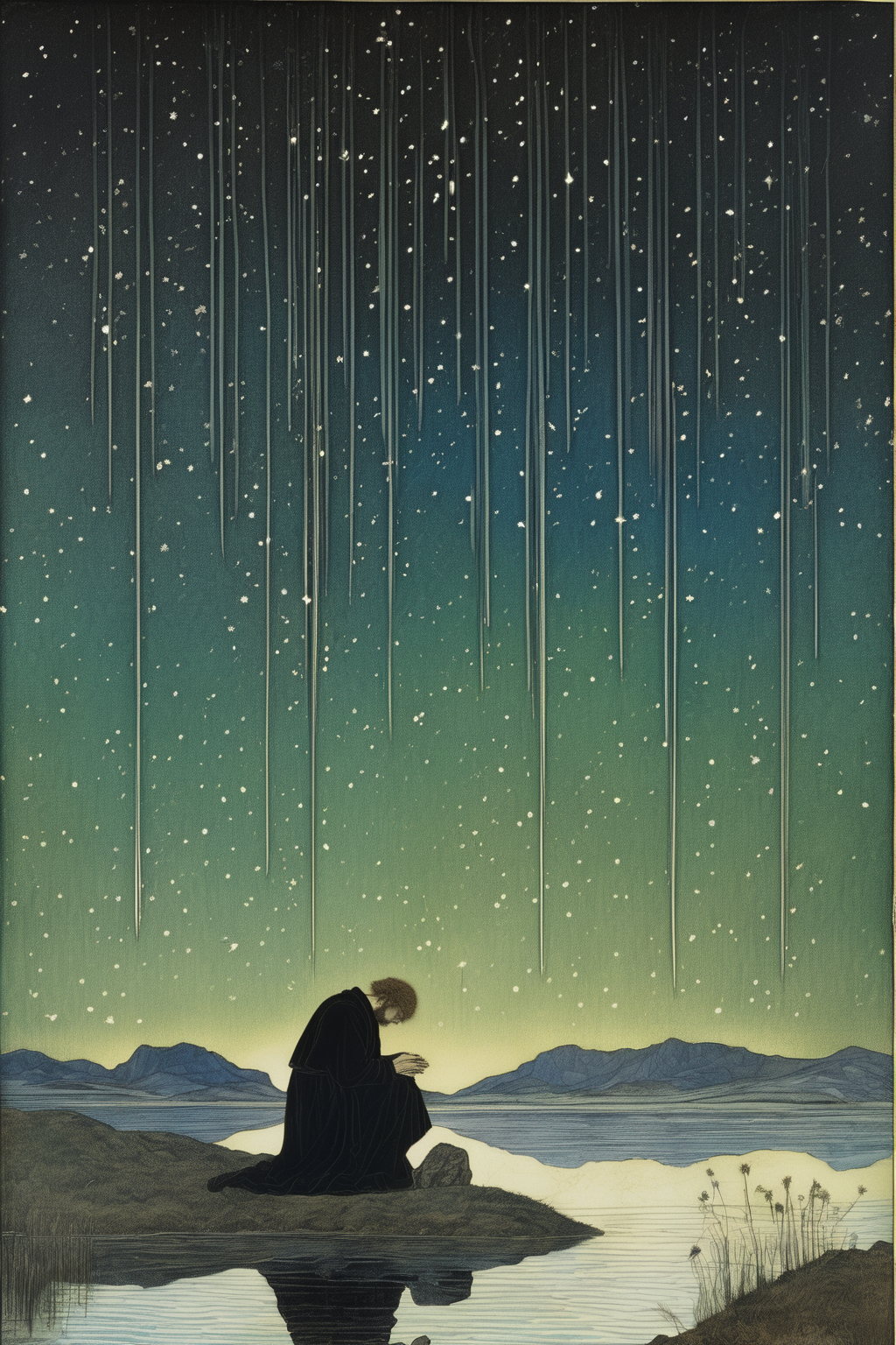 00135-3926816226-John Albert Bauer Style - a man kneeling on the ground with his head bowed in dispair in a lagoon with shooting stars and northe.png